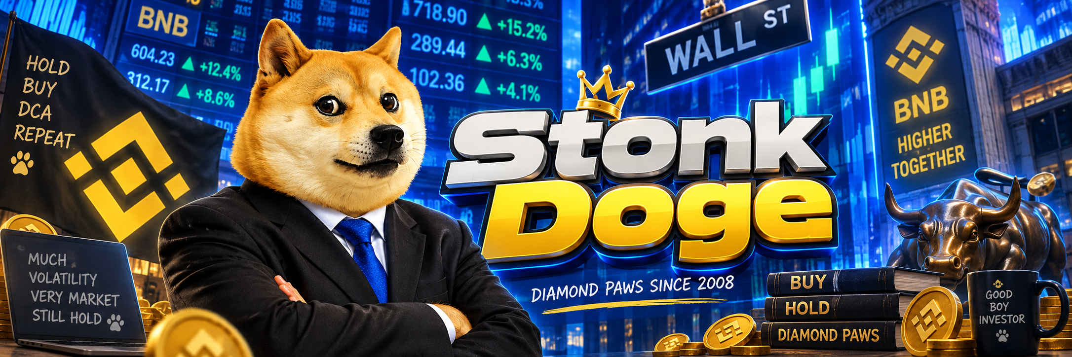 Stonk Doge banner — Diamond paws since 2008, suited Doge on Wall Street